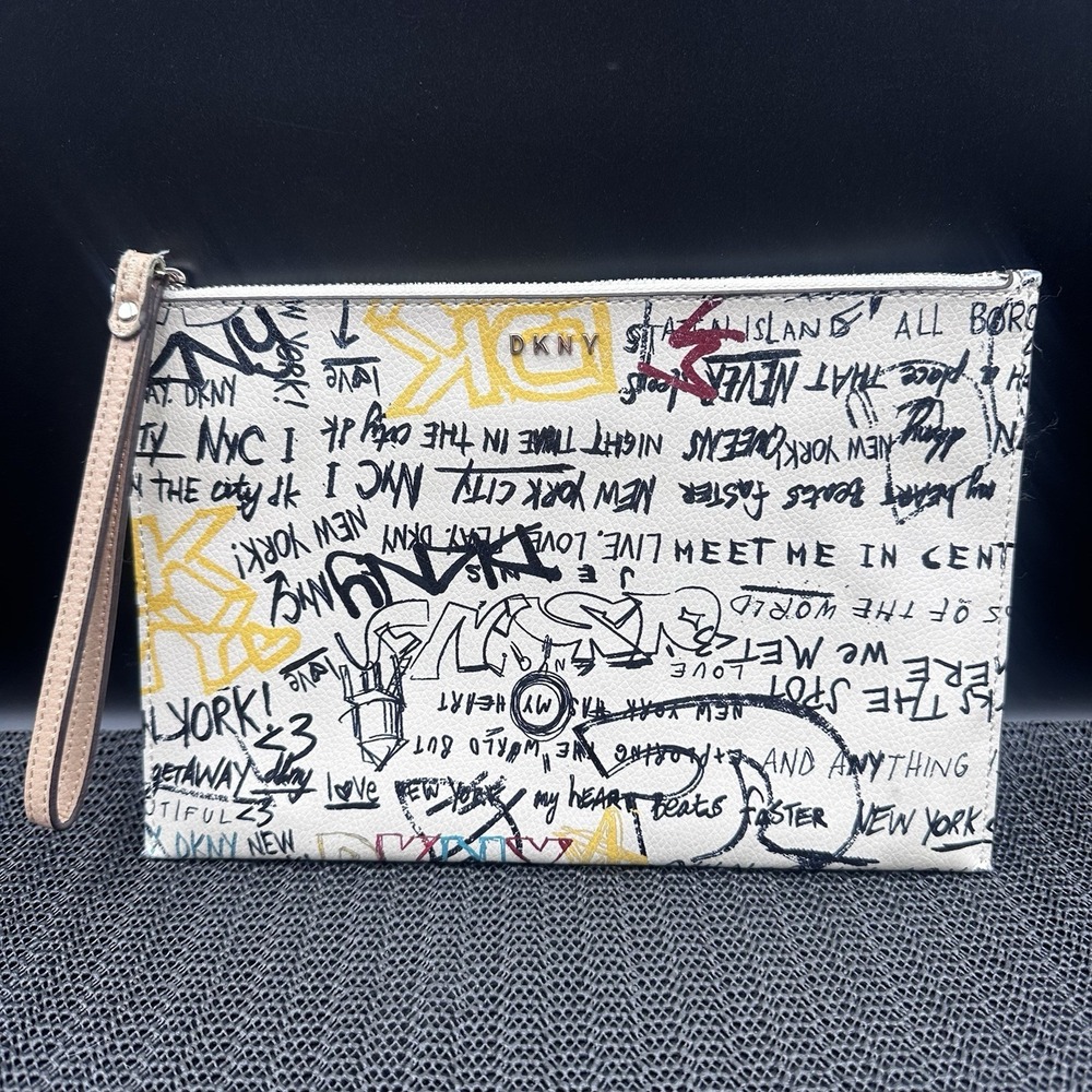 DKNY Graffiti Flat Hand Clutch Purse Cream W/ Multicolor